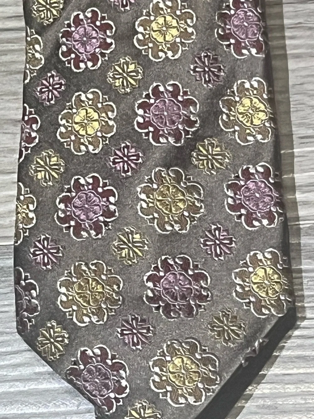 Canali Brown Silk Tie with Gold and Burgundy Floral Medallions Made in Italy